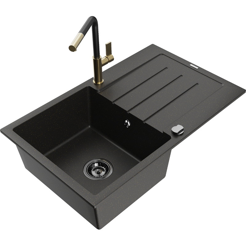 Mexen Bruno Granitspüle 1-beckig mit Abtropffläche und Küchenarmatur Flora, schwarz/gold Metallic - 6513-75-670401-57-B