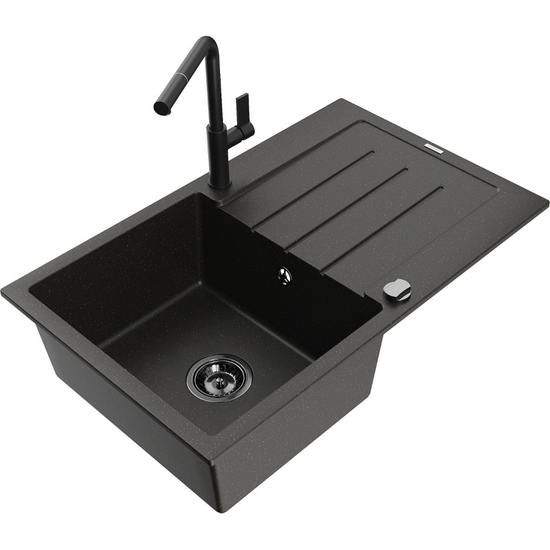 Mexen Bruno Granitspüle 1-Becken mit Abtropffläche und Küchenarmatur Flora, schwarz/goldener Metallic - 6513-75-670401-70-B