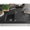 Mexen Bruno Granitspüle 1-beckig mit Abtropffläche und Küchenarmatur Flora, schwarz gesprenkelt - 6513-76-670401-00