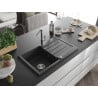 Mexen Bruno Granitspüle mit 1 Becken und Abtropffläche sowie Küchenarmatur Flora, schwarz gesprenkelt - 6513-76-670401-00