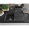 Mexen Bruno Granitspüle 1-beckig mit Abtropffläche und Küchenarmatur Flora, schwarz gesprenkelt - 6513-76-670401-07