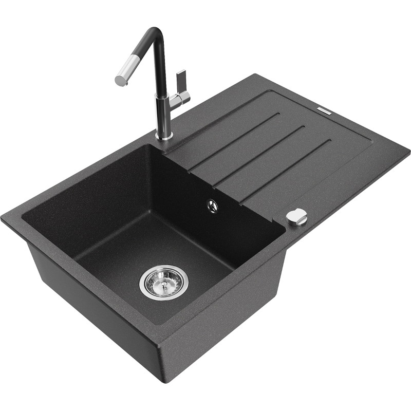Mexen Bruno einzelbecken Granitspüle mit Abtropffläche und Küchenarmatur Flora, schwarz gesprenkelt - 6513-76-670401-07