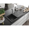 Mexen Bruno Granitspüle 1-beckig mit Abtropffläche und Küchenarmatur Flora, schwarz gesprenkelt - 6513-76-670401-07-B