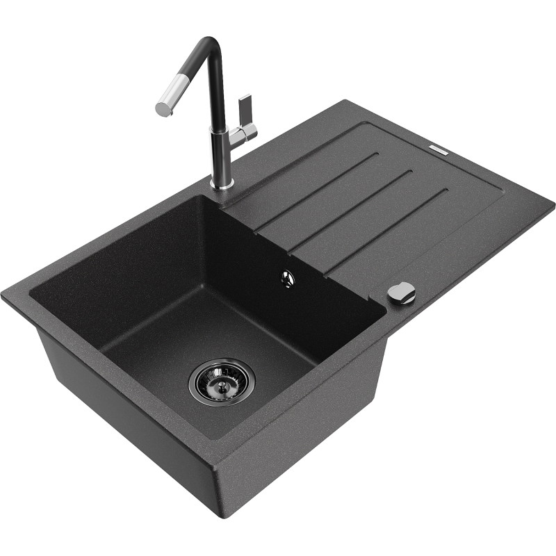 Mexen Bruno Granitspüle 1-Becken mit Abtropffläche und Küchenarmatur Flora, schwarz gesprenkelt - 6513-76-670401-07-B