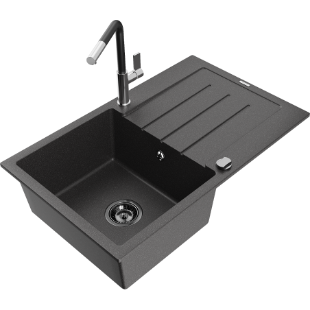 Mexen Bruno Granitspüle 1-Becken mit Abtropffläche und Küchenarmatur Flora, schwarz gesprenkelt - 6513-76-670401-07-B