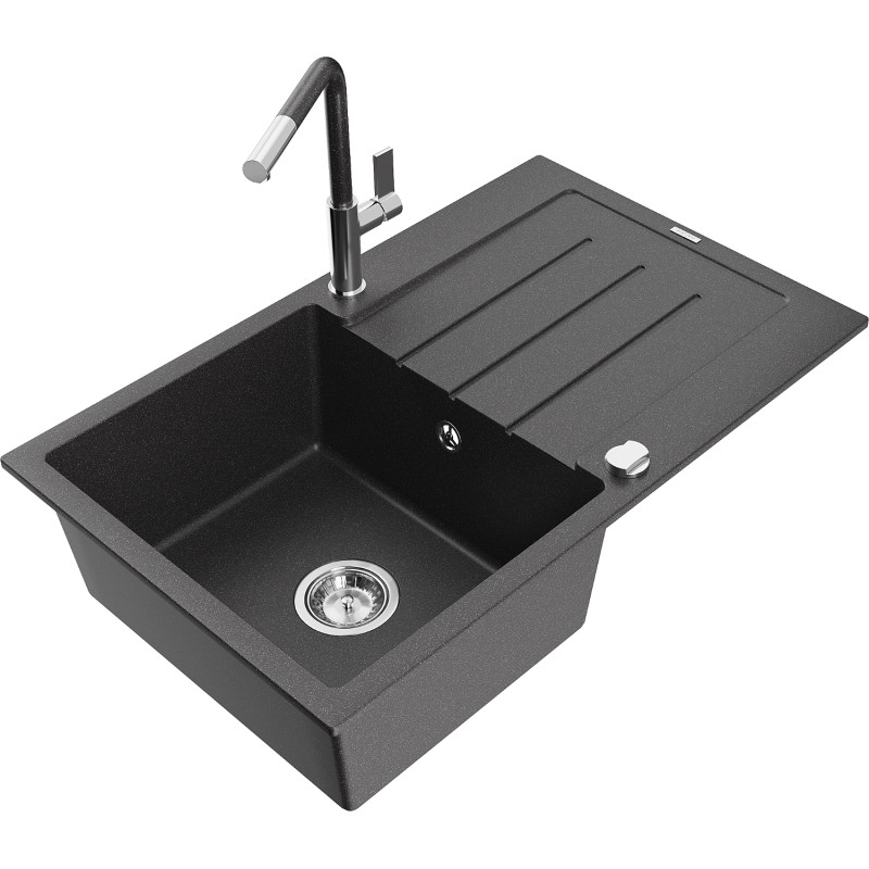 Mexen Bruno Granitspüle 1-Becken mit Abtropffläche und Küchenarmatur Flora, schwarz gesprenkelt - 6513-76-670401-08