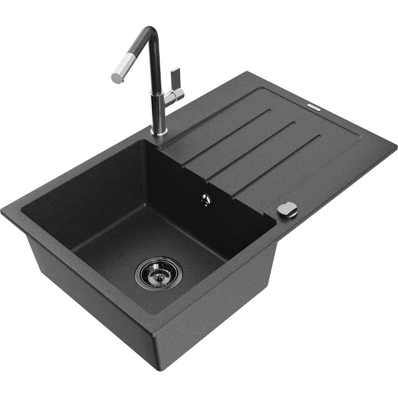 Mexen Bruno Granitspüle 1-Becken mit Abtropffläche und Küchenarmatur Flora, schwarz gesprenkelt - 6513-76-670401-08-B