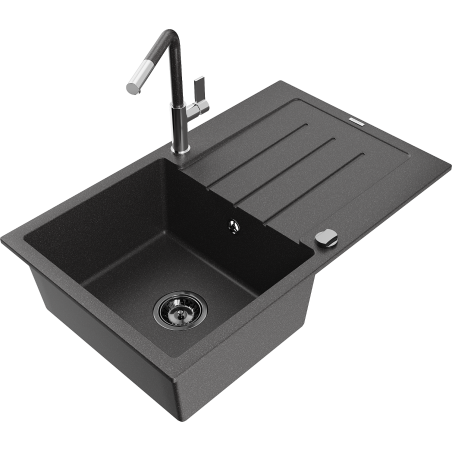 Mexen Bruno Granitspüle 1-Becken mit Abtropffläche und Küchenarmatur Flora, schwarz gesprenkelt - 6513-76-670401-08-B