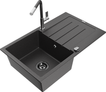 Mexen Bruno Granitspüle 1-Becken mit Abtropffläche und Küchenarmatur Flora, schwarz gesprenkelt - 6513-76-670401-08-B