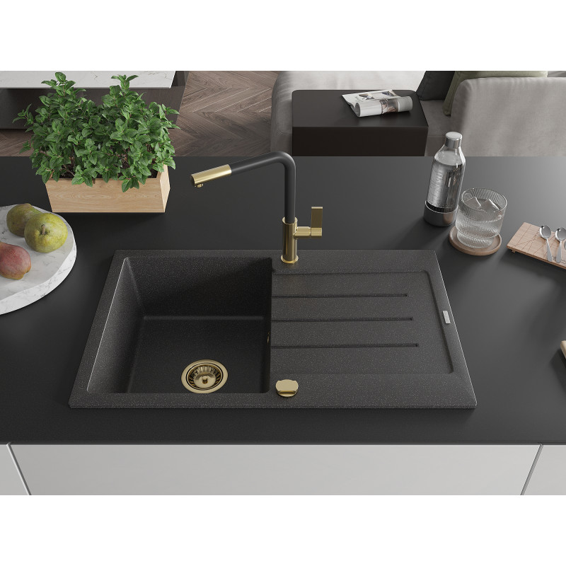 Mexen Bruno Granitspüle 1-Becken mit Abtropffläche und Küchenarmatur Flora, gesprenkelt schwarz - 6513-76-670401-57-G