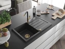 Mexen Bruno Granitspüle 1-Becken mit Abtropffläche und Küchenarmatur Flora, gesprenkelt schwarz - 6513-76-670401-57-G