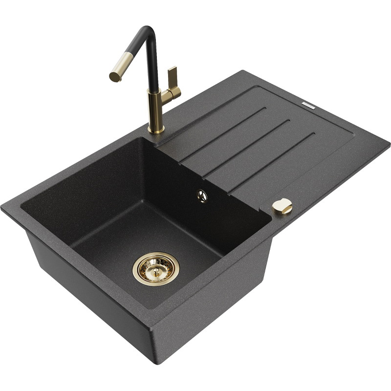 Mexen Bruno Granitspüle 1-Becken mit Abtropffläche und Küchenarmatur Flora, schwarz gesprenkelt - 6513-76-670401-57-G