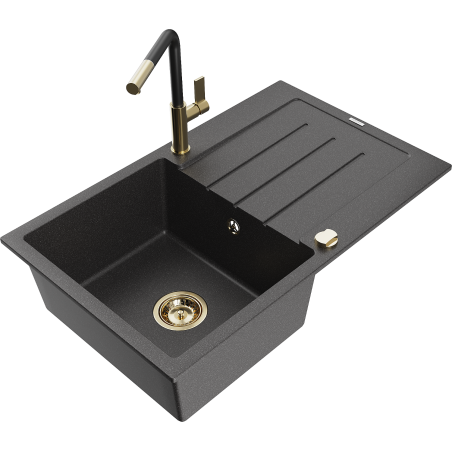 Mexen Bruno Granitspüle 1-Becken mit Abtropffläche und Küchenarmatur Flora, gesprenkelt schwarz - 6513-76-670401-57-G
