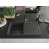 Mexen Bruno Granitspüle 1-Becken mit Abtropffläche und Küchenarmatur Flora, schwarz gesprenkelt - 6513-76-670401-57-B