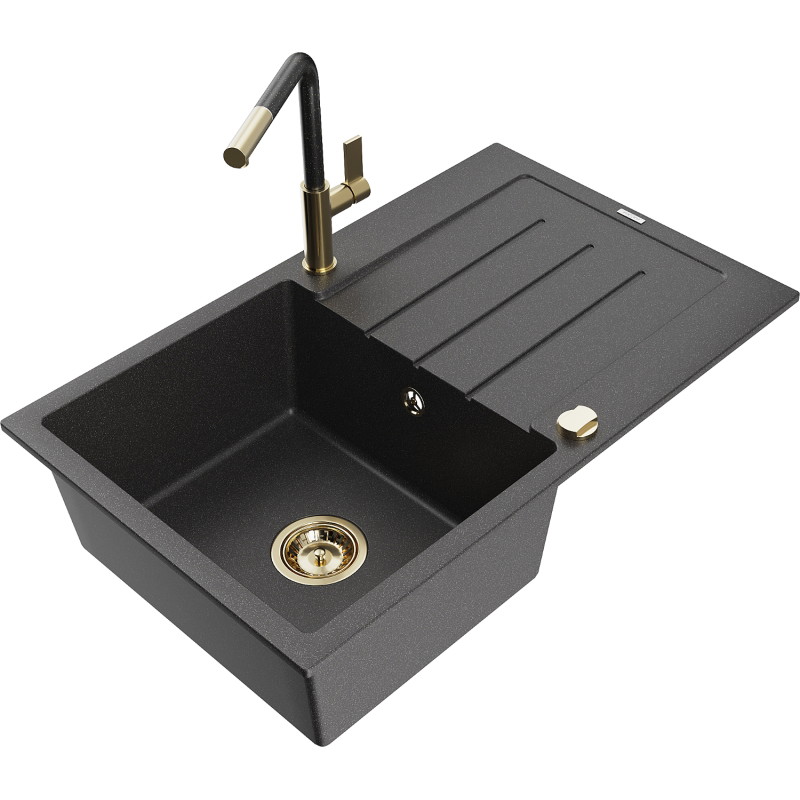 Mexen Bruno Granitspüle 1-Becken mit Abtropffläche und Küchenarmatur Flora, schwarz gesprenkelt - 6513-76-670401-75-G