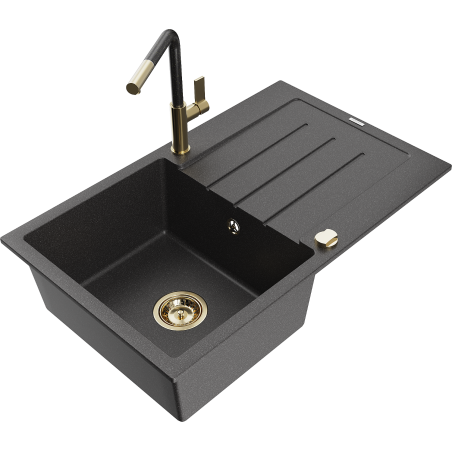 Mexen Bruno Granitspüle 1-Becken mit Abtropffläche und Küchenarmatur Flora, schwarz gesprenkelt - 6513-76-670401-75-G