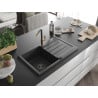 Mexen Bruno Granitspüle 1-bowlig mit Abtropffläche und Küchenarmatur Flora, schwarz gesprenkelt - 6513-76-670401-75-B