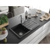 Mexen Bruno Granitspüle 1-Becken mit Abtropffläche und Küchenarmatur Flora, schwarz - 6513-77-670401-00