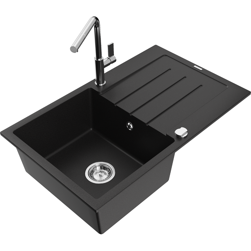 Mexen Bruno Granitspüle 1-Becken mit Abtropffläche und Küchenarmatur Flora, schwarz - 6513-77-670401-00