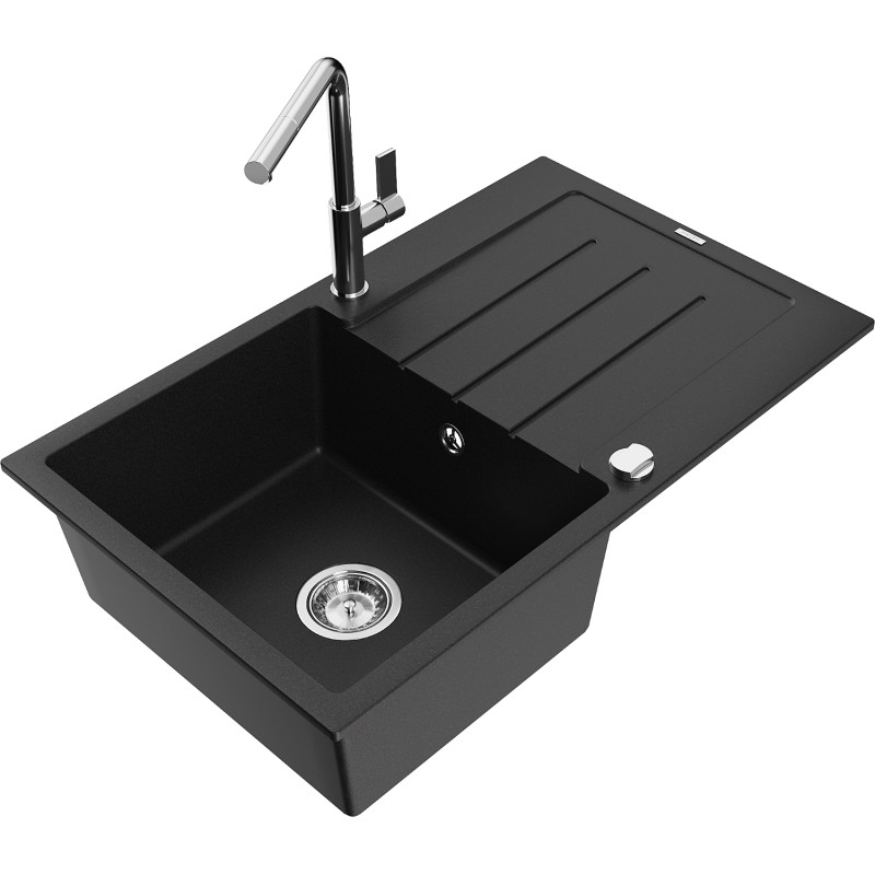 Mexen Bruno Granitspüle einteilig mit Abtropffläche und Küchenarmatur Flora, schwarz - 6513-77-670401-00