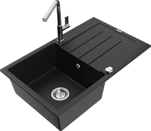 Mexen Bruno Granitspüle 1-Becken mit Abtropffläche und Küchenarmatur Flora, schwarz - 6513-77-670401-00