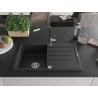Mexen Bruno Granitspüle 1-becken mit Abtropffläche und Küchenarmatur Flora, schwarz - 6513-77-670401-07