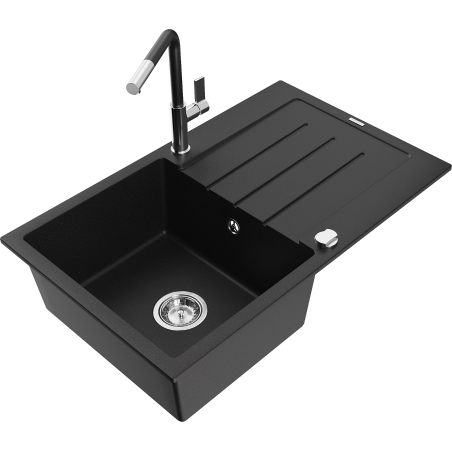 Mexen Bruno Granitspüle 1-becken mit Abtropffläche und Küchenarmatur Flora, schwarz - 6513-77-670401-07