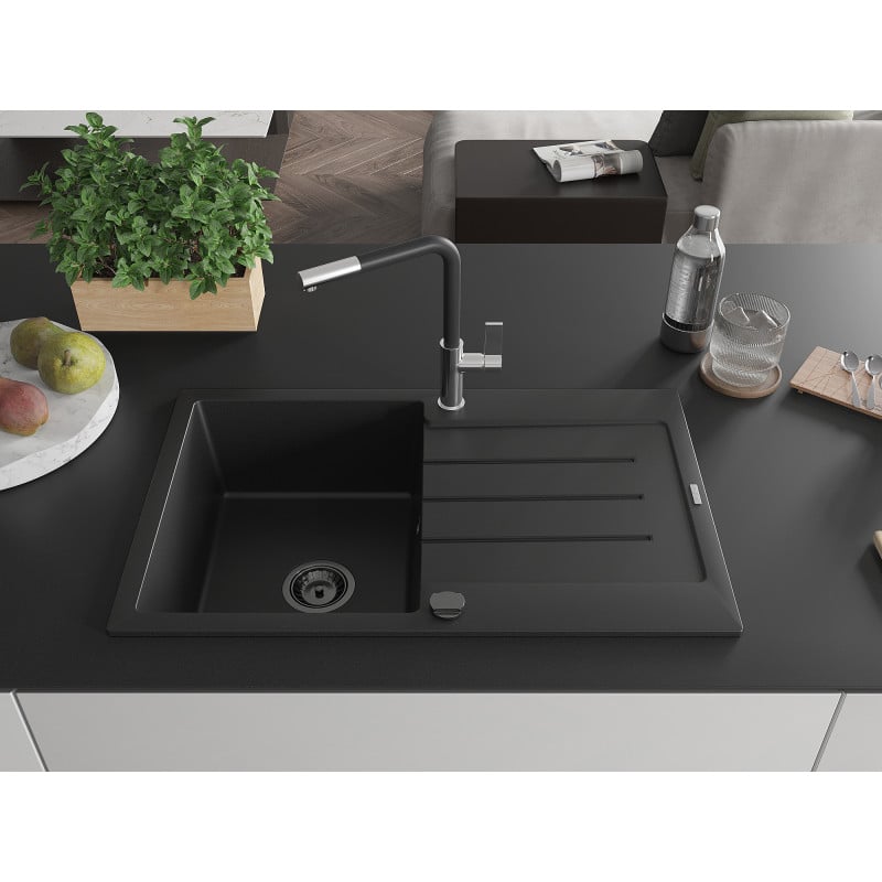 Mexen Bruno Granitspüle 1-becken mit Abtropffläche und Küchenarmatur Flora, schwarz - 6513-77-670401-07-B