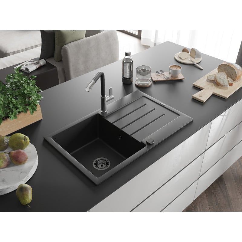 Mexen Bruno Granitspüle 1-becken mit Abtropffläche und Küchenarmatur Flora, schwarz - 6513-77-670401-07-B