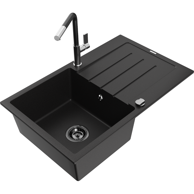 Mexen Bruno Granitspüle 1-becken mit Abtropffläche und Küchenarmatur Flora, schwarz - 6513-77-670401-07-B