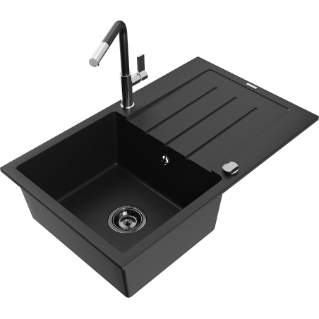 Mexen Bruno Granitspüle 1-becken mit Abtropffläche und Küchenarmatur Flora, schwarz - 6513-77-670401-07-B