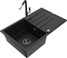 Mexen Bruno Granitspüle 1-becken mit Abtropffläche und Küchenarmatur Flora, schwarz - 6513-77-670401-07-B