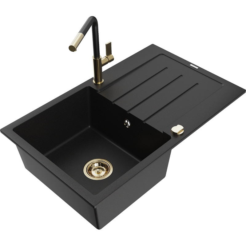 Mexen Bruno granitspüle mit 1 Becken, Abtropffläche und Küchenarmatur Flora, schwarz - 6513-77-670401-57-G