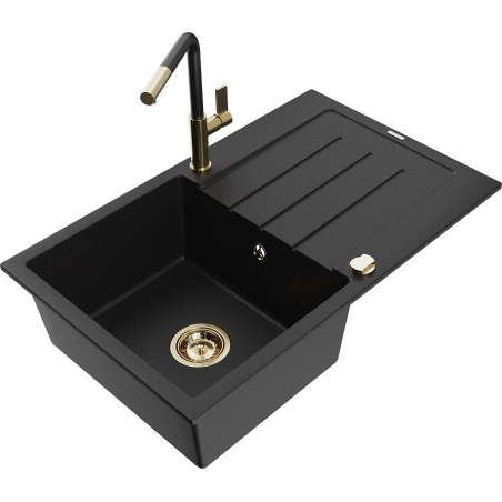 Mexen Bruno Granitspüle 1-becken mit Abtropffläche und Küchenarmatur Flora, schwarz - 6513-77-670401-57-G