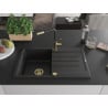 Mexen Bruno Granitspüle 1-beckig mit Abtropffläche und Küchenarmatur Flora, schwarz - 6513-77-670401-57-G