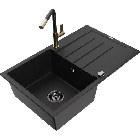 Mexen Bruno Granitspüle 1-Becken mit Abtropffläche und Küchenarmatur Flora, Schwarz - 6513-77-670401-57-B