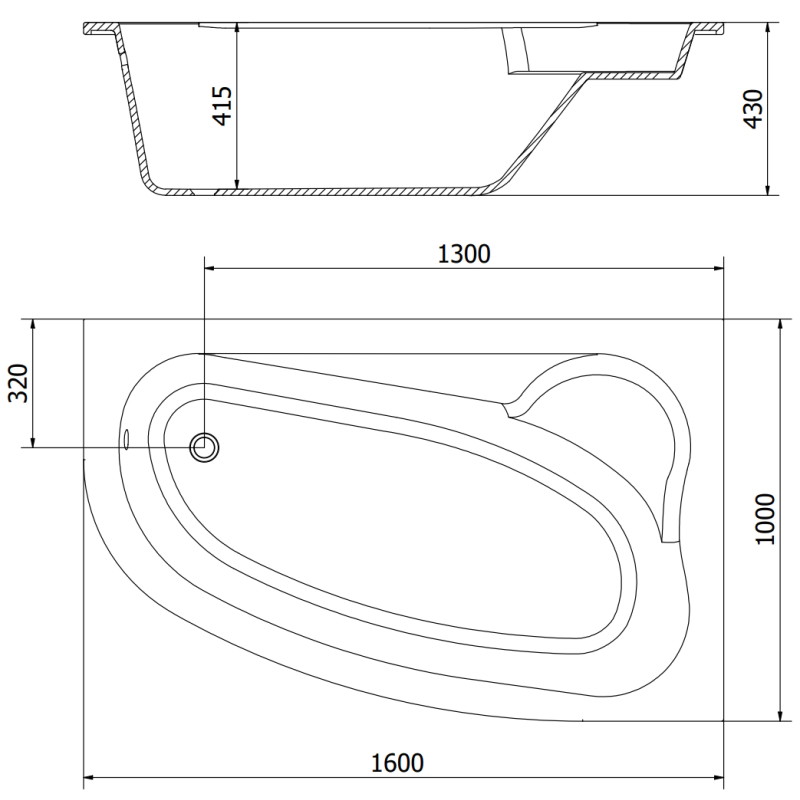 Mexen Westa rechte Eckbadewanne 160 x 100 cm, weiß - 560116010002