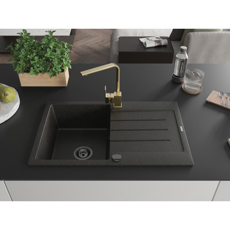 Mexen Bruno Granitspüle 1-Becken mit Abtropffläche und Küchenarmatur Rita, schwarz/gold metallic - 6513-75-670300-50-B