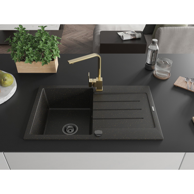 Mexen Bruno Granitspüle 1-beckig mit Abtropffläche und Küchenarmatur Rita, schwarz/goldmetallic - 6513-75-670300-50-B