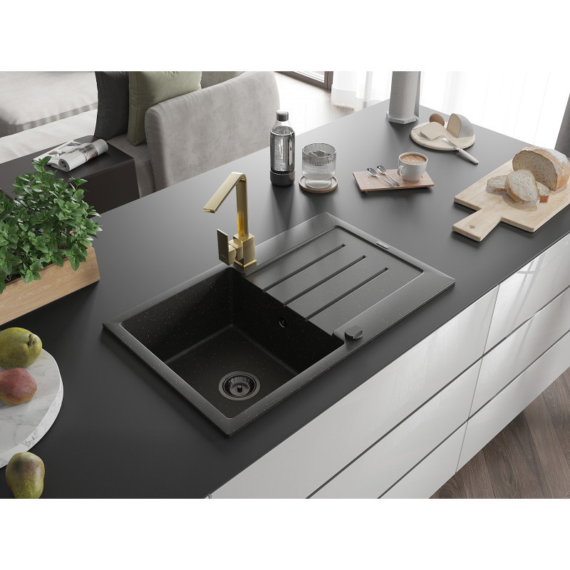Mexen Bruno Granitspüle 1-beckig mit Abtropffläche und Küchenarmatur Rita, schwarz/goldmetallic - 6513-75-670300-50-B