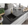 Mexen Bruno Granitspüle 1-beckig mit Abtropffläche und Küchenarmatur Rita, schwarz/goldmetallic - 6513-75-670300-50-B