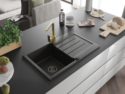 Mexen Bruno Granitspüle 1-beckig mit Abtropffläche und Küchenarmatur Rita, schwarz/goldmetallic - 6513-75-670300-50-B
