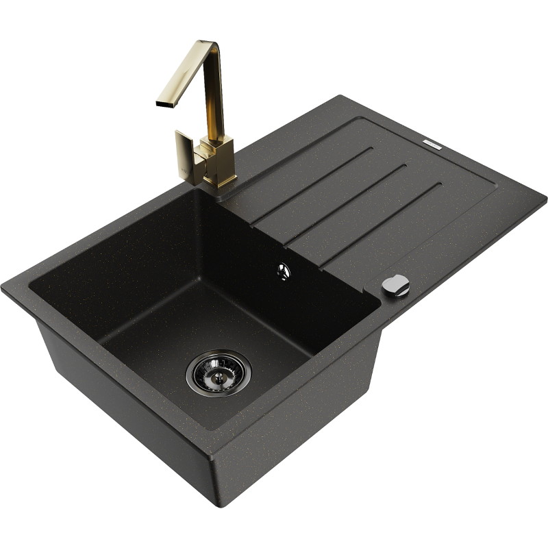 Mexen Bruno Granitspüle 1-Becken mit Abtropffläche und Küchenarmatur Rita, schwarz/gold metallic - 6513-75-670300-50-B