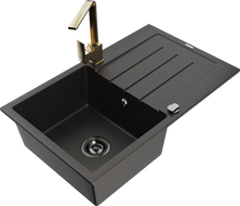 Mexen Bruno Granitspüle 1-Becken mit Abtropffläche und Küchenarmatur Rita, schwarz/gold metallic - 6513-75-670300-50-B