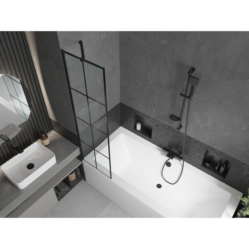 Mexen Cube Rechteckige Badewanne 170 x 80 cm mit Verkleidung und 1-flügeliger Trennwand 50 cm, schwarzes Muster