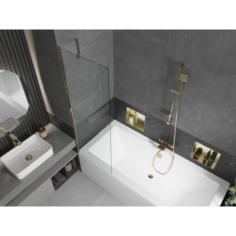 Mexen Cube Rechteckige Badewanne 170 x 80 cm mit Verkleidung und einflügeliger Trennwand 60 cm, transparent, gold