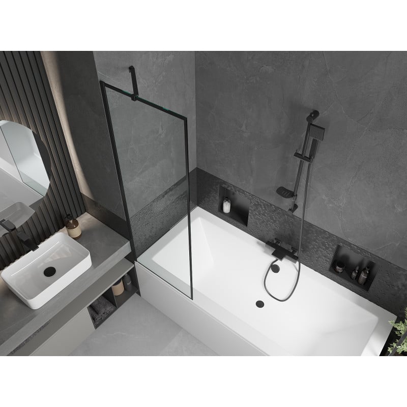 Mexen Cube Rechteckige Badewanne 170 x 80 cm mit Verkleidung und 1-flügeliger Wandschirm 60 cm, schwarzes Muster