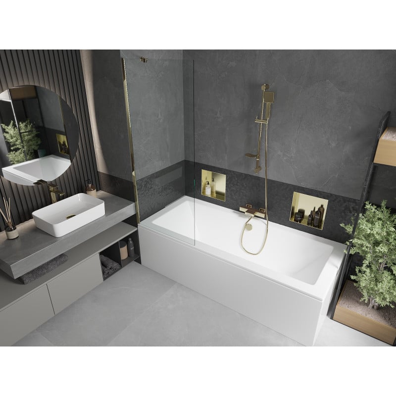 Mexen Cube Rechteckige Badewanne 170 x 80 cm mit Verkleidung und einteiliger 70 cm Trennwand, transparent, gold