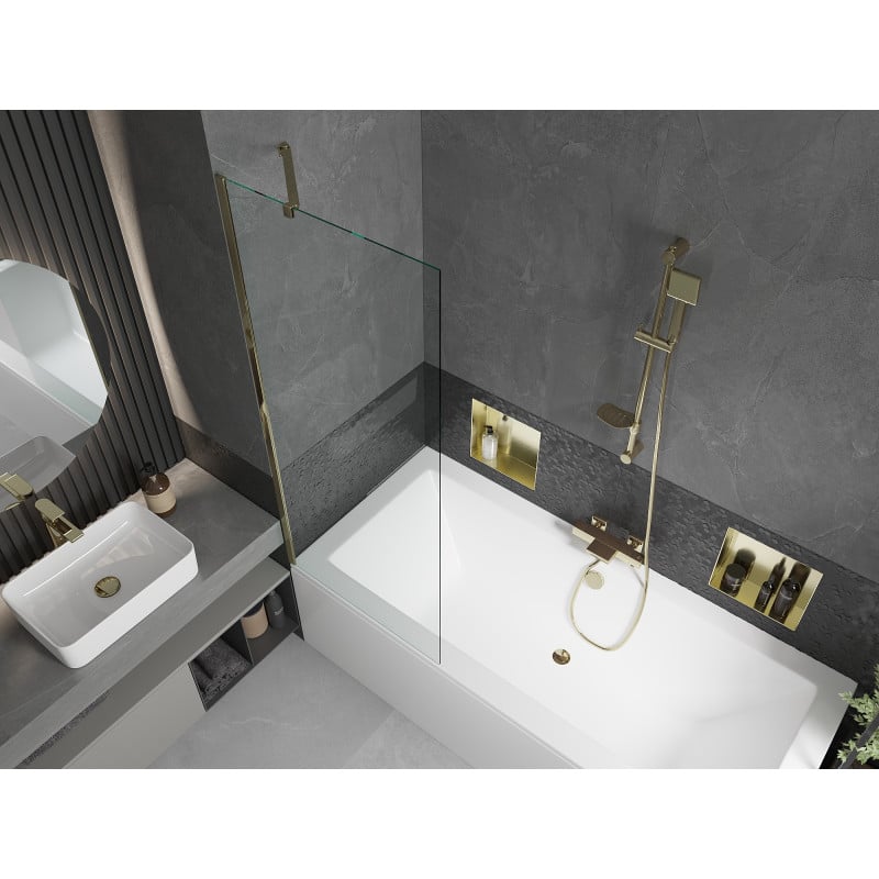 Mexen Cube Rechteckige Badewanne 170 x 80 cm mit Verkleidung und einteiliger 70 cm Trennwand, transparent, gold