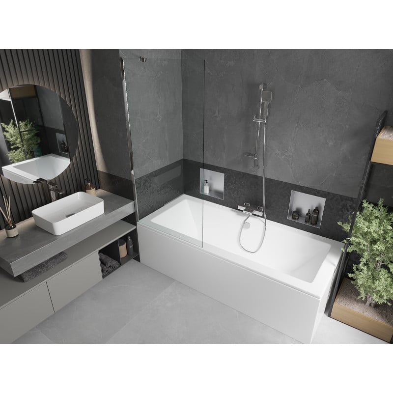 Mexen Cube Rechteckige Badewanne 170 x 80 cm mit Verkleidung und 1-flügeliger Duschabtrennung 80 cm, transparent, Chrom